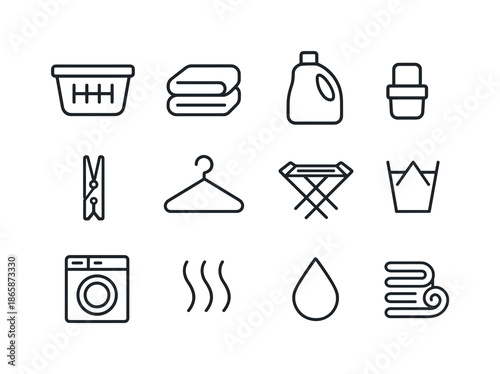 Laundry Icon Set. Laundry essentials. Line icon set of laundry essentials: basket, folded towel, detergent bottle, softener cap, clothespin, hanger, drying