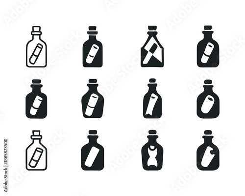 Message in Bottle Logos. Message in bottle. Icon set. Set Logo of message in bottle: sealed note inside. harmonious logo variations of the same emblematic