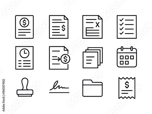 Payroll Icon Set. Payroll Documents. Line icon set of Payroll Documents: payslip, earnings summary, tax form, deduction list, timesheet, direct deposit form,