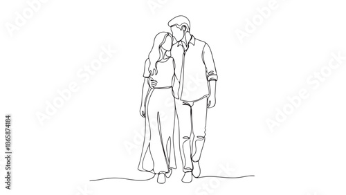 Minimalist continuous line drawing of a romantic couple walking together, symbolizing everlasting connection, unity, and partnership