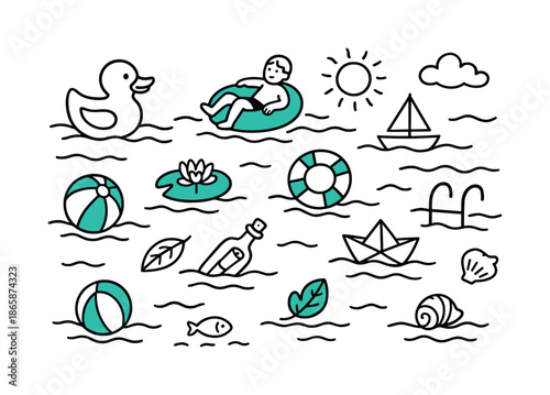 Floating Doodle Wonders. Floating on water. Hand-drawn doodle illustration floating on water [rubber duck (accented), person on pool float ring (accented),