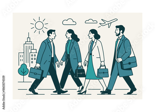 Chic Commuters in Style. People walking on a city street dressed in stylish outfits ? chic morning commute. Clean lines trace long coats and sleek bags; soft