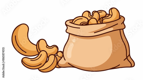 A sack overflows with cashew nuts, some spilling onto a white background
