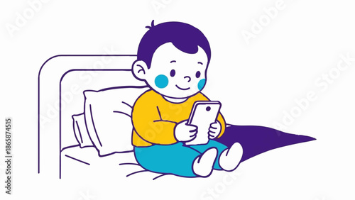 Child engrossed in a tablet while sitting on a bed