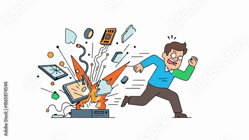 Man fleeing exploding computer hardware