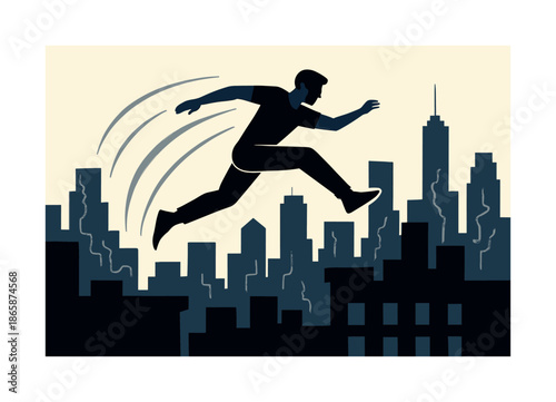 Rooftop Parkour Adventure. Skyline parkour. Athlete leaping between rooftops; trailing motion arcs behind the jump. City silhouettes vibrating with energy.