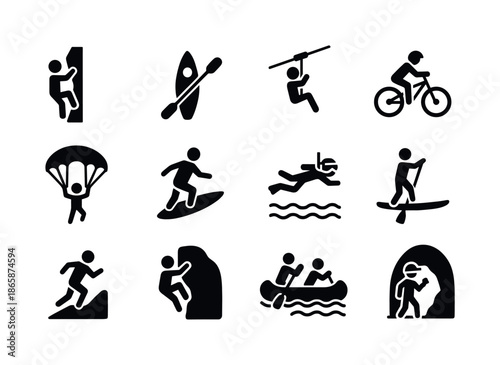 Adventure Icon Set. Adventure Activities. Solid icon set of Adventure Activities: rock climbing, kayaking, ziplining, mountain biking, skydiving, surfing,