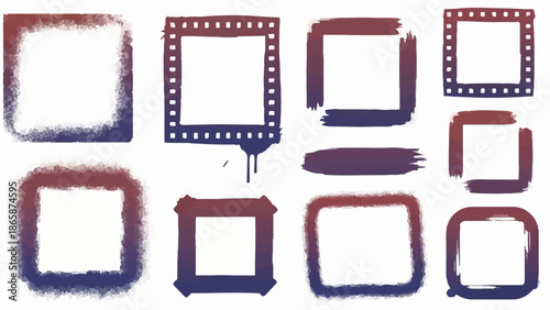 Variety of grunge and film strip style square frames with watercolor texture