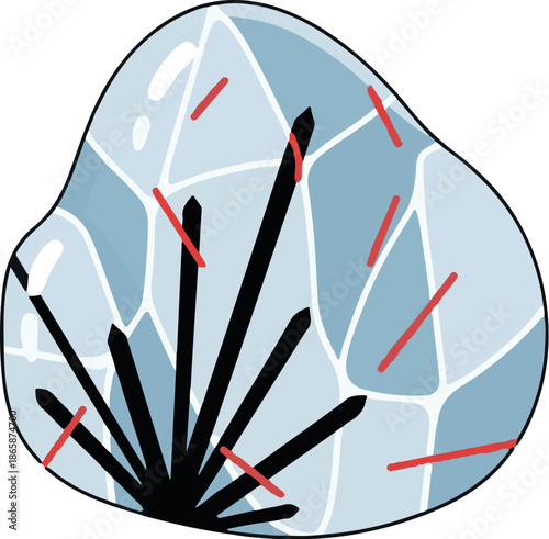 Abstract illustration of fractured ice with red lines radiating outwards