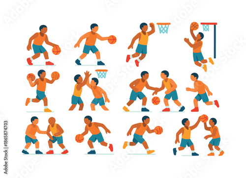 Colorful Basketball Icons. Basketball actions. Colorful flat vector icons set of basketball actions: dribble, pass, shoot, dunk, layup, block, steal, rebound,
