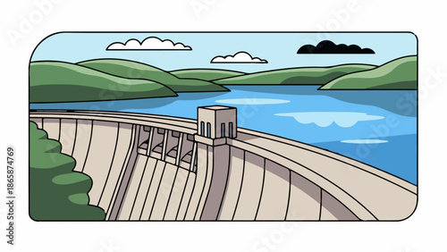A wide, curved concrete dam holds back a large blue body of water under a sky with clouds