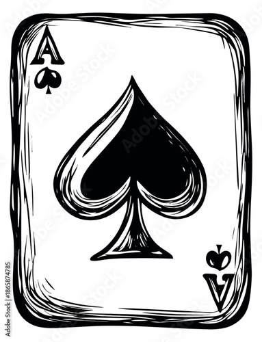 Hand drawn line art illustration of an ace of spades playing card depicting a classic card symbol for gaming and entertainment