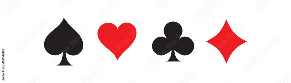 Obraz premium Four playing card suits icons set featuring a black spade and diamond and a red club and heart arranged horizontally in a clean, minimalist graphic design style