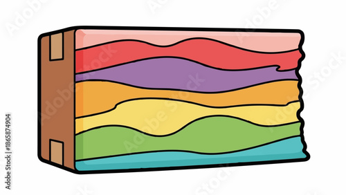 A colorful, layered cake with frosting resembling a rainbow, encased in a brown box