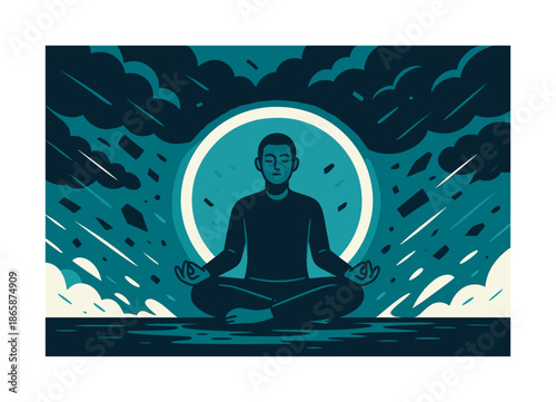 Meditative Glow Amidst Chaos. Centered breath. As debris flies and dark clouds churn, a glowing circle of breath surrounds a meditative figure, symbolizing