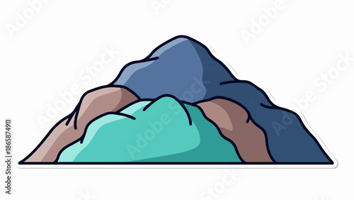 Stylized depiction of layered mountains in blue, brown, and green hues