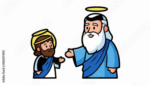 Two cartoon figures with halos, one younger, one older, reaching out