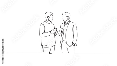 Two Men Enjoying Coffee Breaks and Conversation in a Minimalist Line Art Style