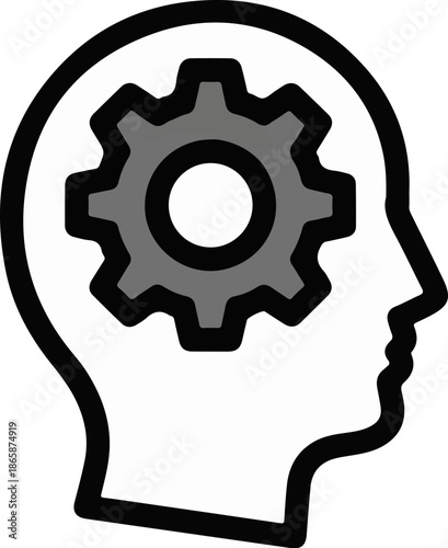 Stylized head profile with a gear inside representing thought