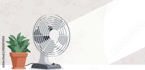 A desk fan and a potted plant sit on a surface against a textured wall