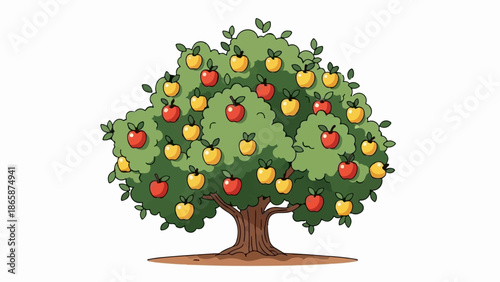A stylized, cartoony apple tree laden with red and yellow fruit against a plain white background