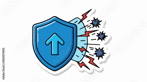Blue shield with upward arrow deflects spiky virus-like projectiles