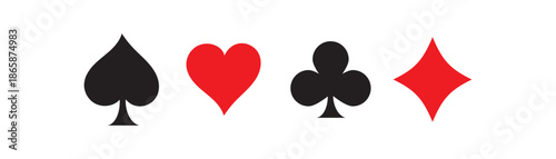 Four playing card suits icons set featuring a black spade and diamond and a red club and heart arranged horizontally in a clean, minimalist graphic design style