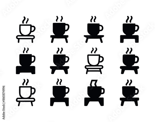 Tea Icons Collection. A warm cup of tea or milk by the bedside. Icon set. Set Logo of a warm cup of tea or milk by the bedside: steaming mug silhouette.