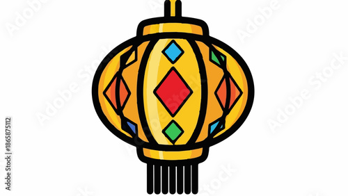 A bright yellow lantern with colorful diamond patterns and a black tassel