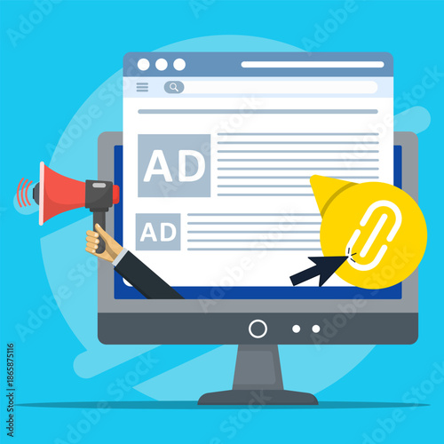 Digital marketing and online advertising promotion concept showing web ads, clickable links, megaphone marketing, and call to action elements for traffic growth and campaign performance.