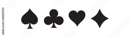Black Playing Card Suits Silhouettes playing cards. Card suits set of vector icons showing hearts, clubs, diamonds and spades. Playing card suits on white background.