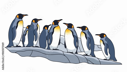 A group of nine penguins stands on a rocky outcrop against a white background