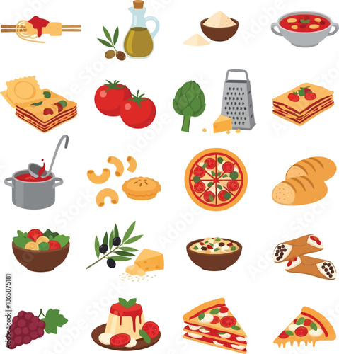Italian food assortment delicious cuisine ingredients fresh cooking ingredients ready meal dishes vector