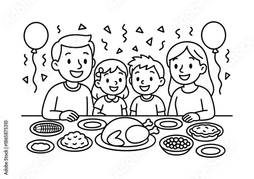 Family Celebration Coloring Page. Celebration meal children?s coloring book illustration, outlined drawing, a happy family sitting at a table with round plates