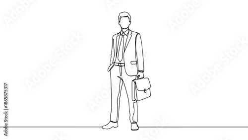 Minimalist continuous line art illustration of a confident professional businessman in a classic suit holding a briefcase, embodying corporate elegance and success