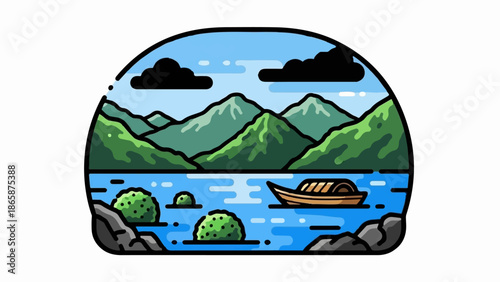 Scenic oval illustration of a boat on a blue lake with green mountains under a cloudy sky