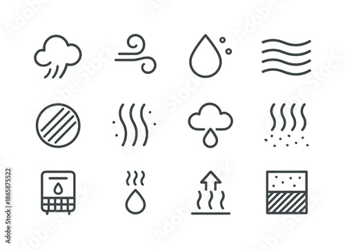 Gases Icon Set. Gases. Line icon set of Gases: steam cloud, vapor swirl, mist droplet, fog layer, haze symbol, humid air icon, condensation cloud, water vapor