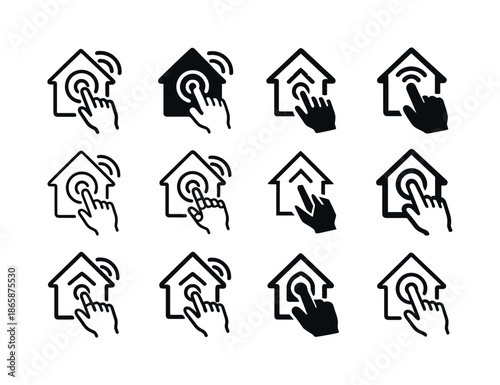 Home Robotics Icons. Home Robotics. Icon set. Set Logo of Home Robotics: robot hand touching digital interface. harmonious logo variations of the