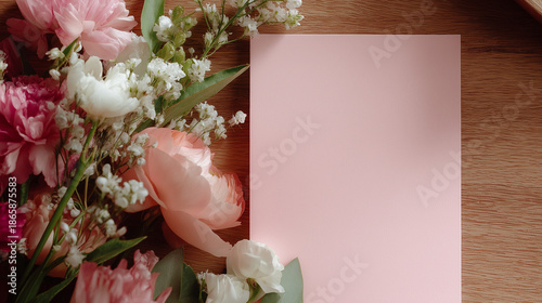 Blank Valentine’s Day card with flowers on wooden table.
