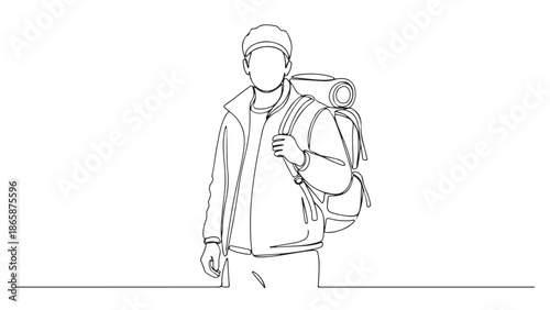 Man with backpack on a line illustration