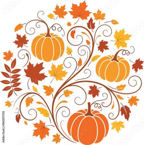 Autumn harvest pumpkin floral swirl wreath seasonal fall decorative ornament vector