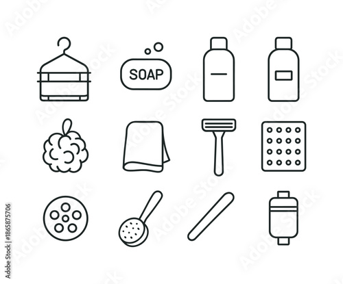 Shower Essentials Icons. Shower accessories. Line icon set of shower accessories: shower caddy, soap bar, shampoo bottle, conditioner bottle, body wash bottle,