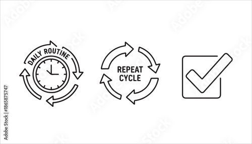 Line art icons representing daily routine, repeat cycle, and task completion, symbolizing productivity and process management.
