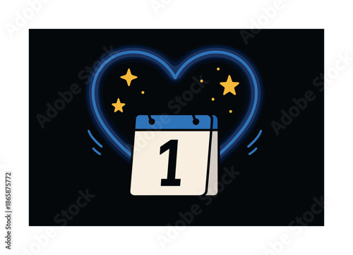 Pulsing Heart Calendar. giant heart outline pulses behind a calendar card marked ??; stars drift upward like rising excitement. Modern flat-line