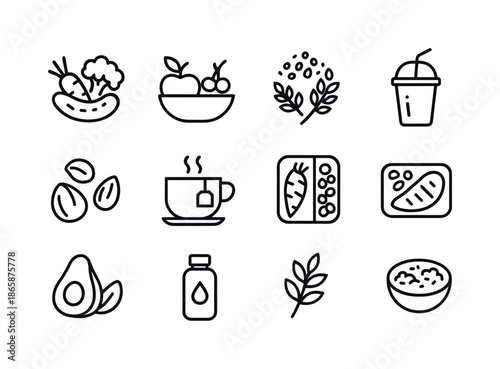 Clean Eating Icons. Clean eating. Line icon set of Clean eating: fresh veggies, fruit bowl, whole grains, smoothie cup, nuts, herbal tea, meal prep, avocado,