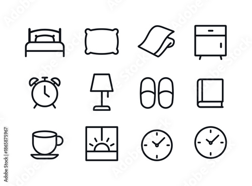 Morning Bedside Icons. Morning Bedside Scene. Line icon set of Morning Bedside Scene: bed, pillow, blanket, nightstand, alarm clock, lamp, slippers, book,