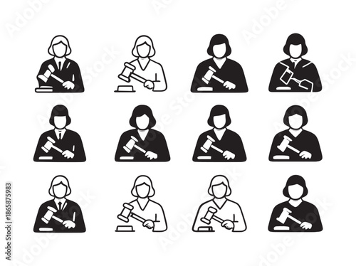 Judicial Emblem Icons. Judge in Robes Delivering Verdict. Icon set. Set Logo of Judge in Robes Delivering Verdict: judge?s hand holding gavel above block.