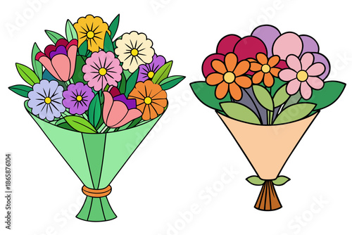 Two colorful cartoon flower bouquets on a black background