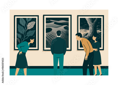 Monochrome Photography Exhibition. Photography showcase. Large monochrome prints hang in a calm room, with visitors leaning in to examine texture and detail. A