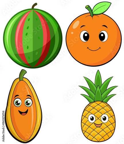 Cute cartoon fruits with happy faces on black background